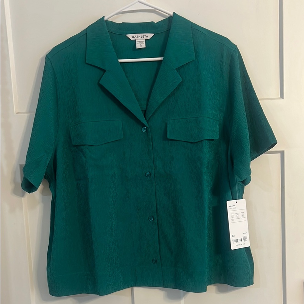 Athleta Teal Button-Down Short Sleeve Shirt
